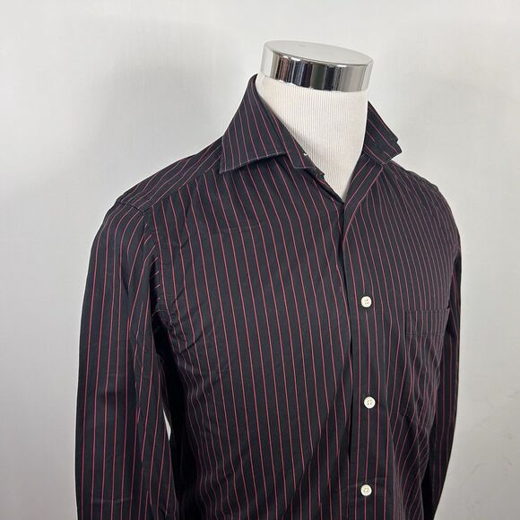 Massimo Dutti 15 33/34 Tessuto Doppio Ritorto Dress Shirt Black Red Striped - Picture 1 of 5